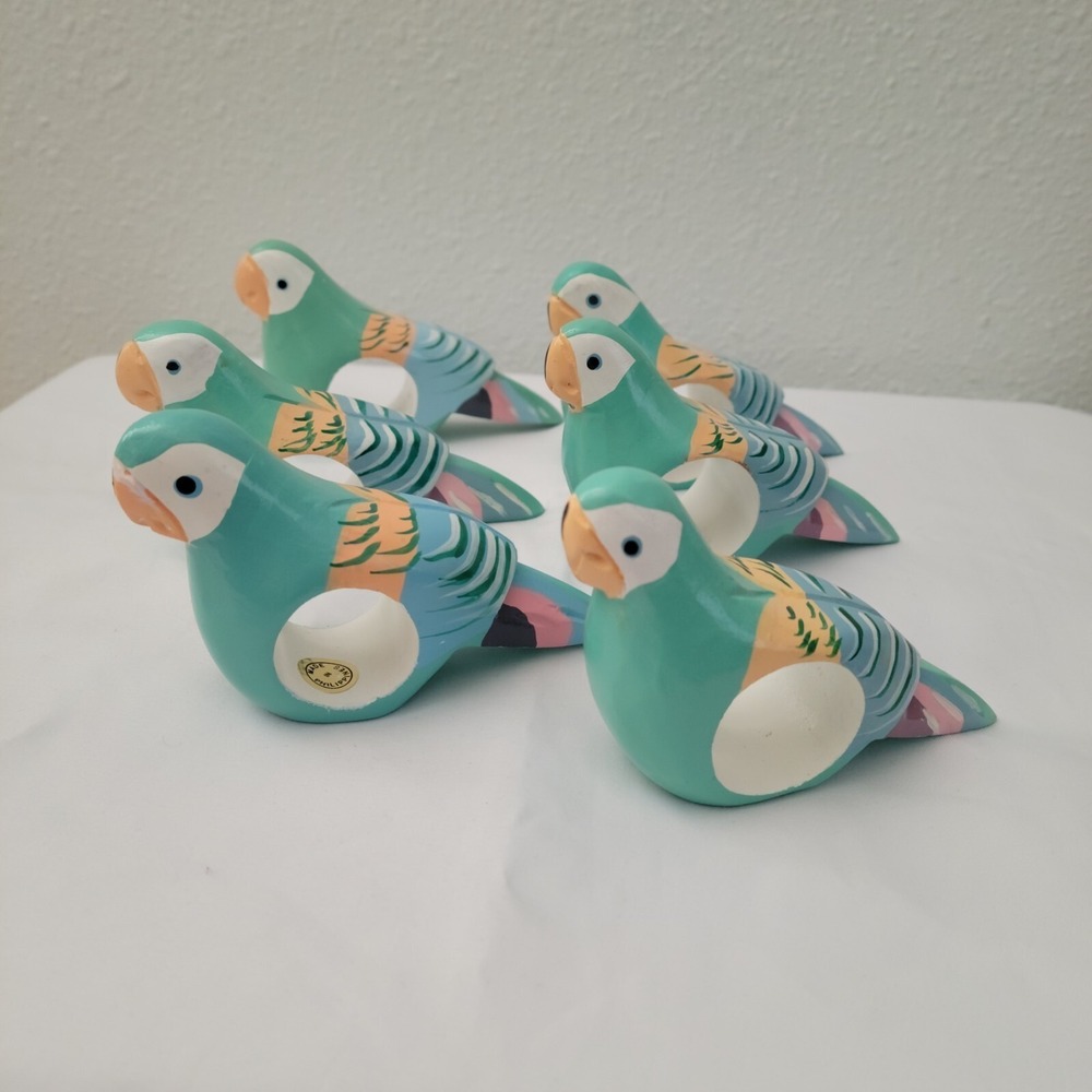 Vtg Wooden Parrot Napkin Rings 6 Pastel Hand Carved Painted Birds Philippines